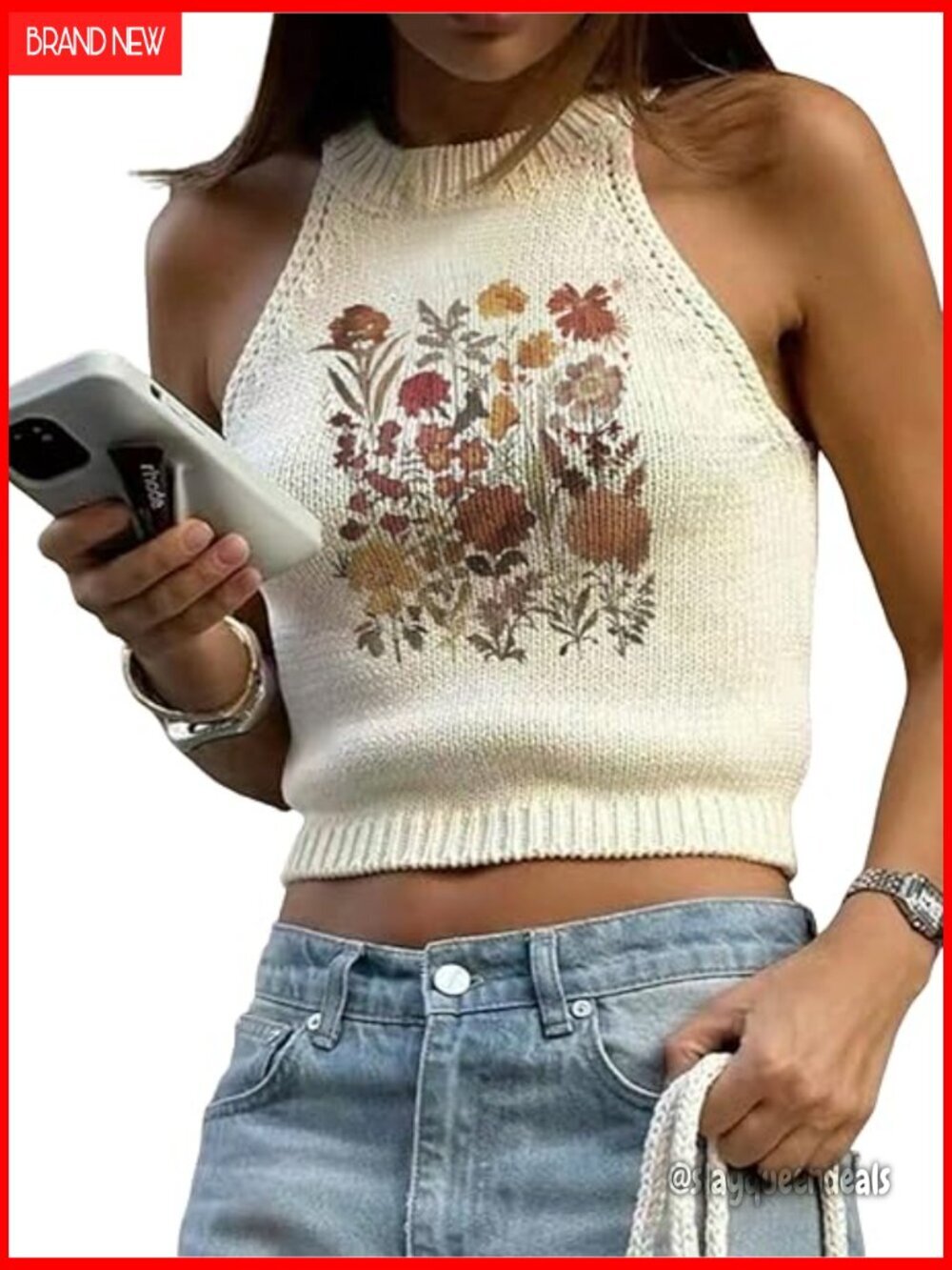 Floral Knit Halter Crop Top Sleeveless Retro Tank Vest